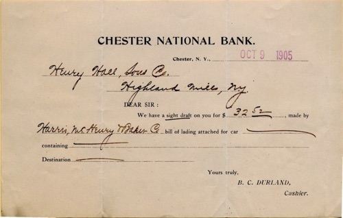 Chester National Bank sight draft to pay a railroad waybill. Oct 9, 1905 chs-008052